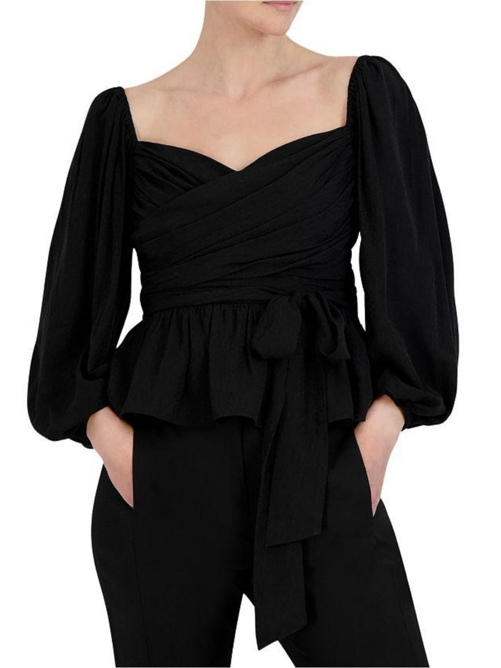BCBGMaxAzria Black Ruched Wrap Top with Zipper Detail